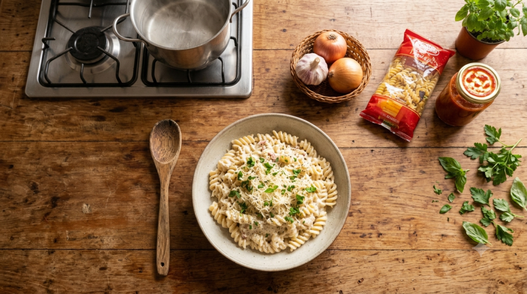 Macarrão cremoso de uma panela servido em prato, receita fácil e rápida para o dia a dia