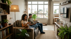 Casa inteligente com dispositivos conectados para automação residencial e controle da casa